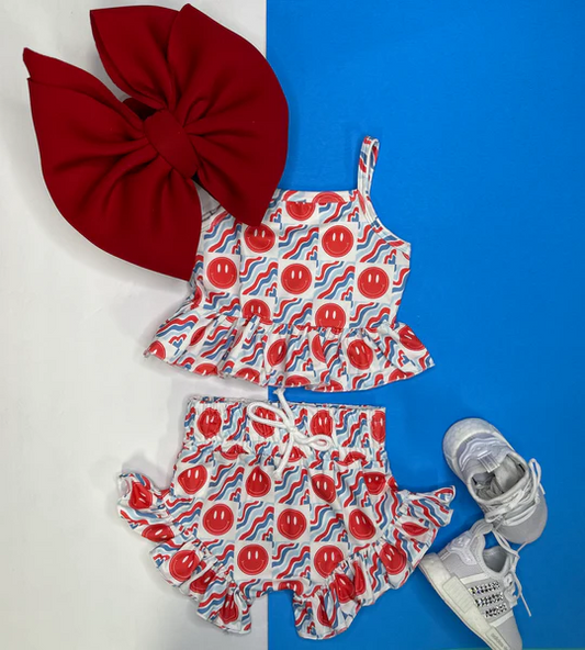 Baby Girls Strap Red Smiles Plaid Tunic Ruffle Short Set Preorder