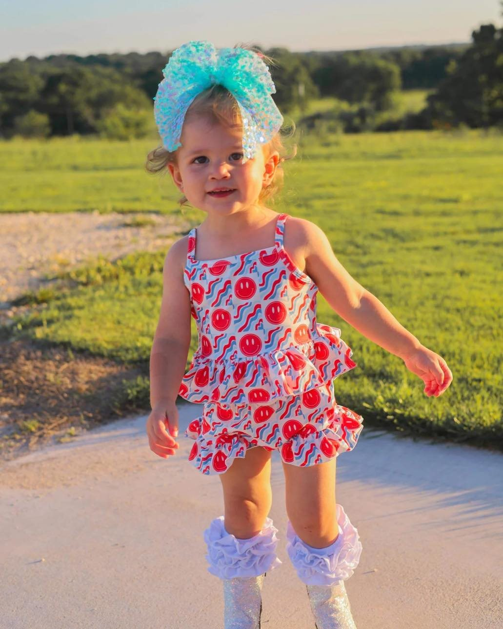 Baby Girls Strap Red Smiles Plaid Tunic Ruffle Short Set Preorder