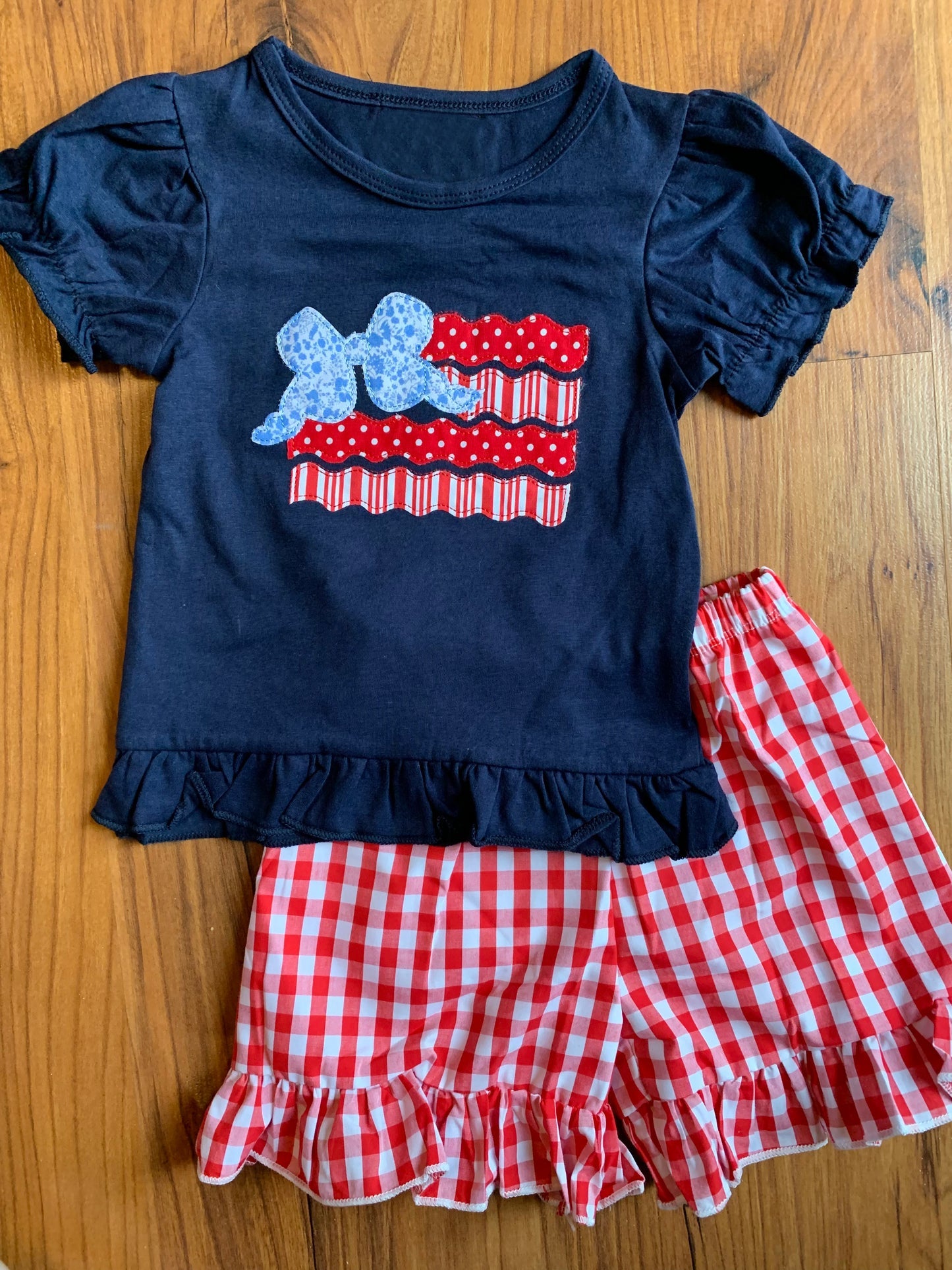 Baby Girls Navy Polka Dots Bow Top Red Plaid Ruffle Short Set Preorder