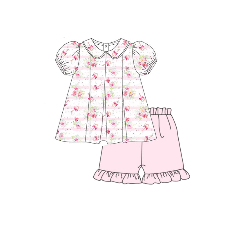 Baby Girls Pink Stripe Floral Tunic Ruffle Short Set Preorder