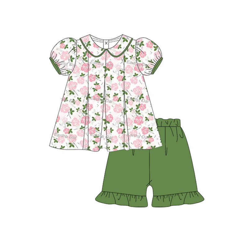 Baby Girls Pink Floral Tunic Green Ruffle Short Set Preorder