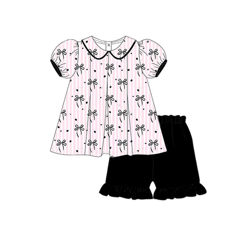 Preorder moq 5 Baby Girls Pink Stripe Black Bows Tunic Ruffle Short Set