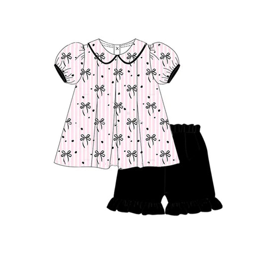 Preorder moq 5 Baby Girls Pink Stripe Black Bows Tunic Ruffle Short Set