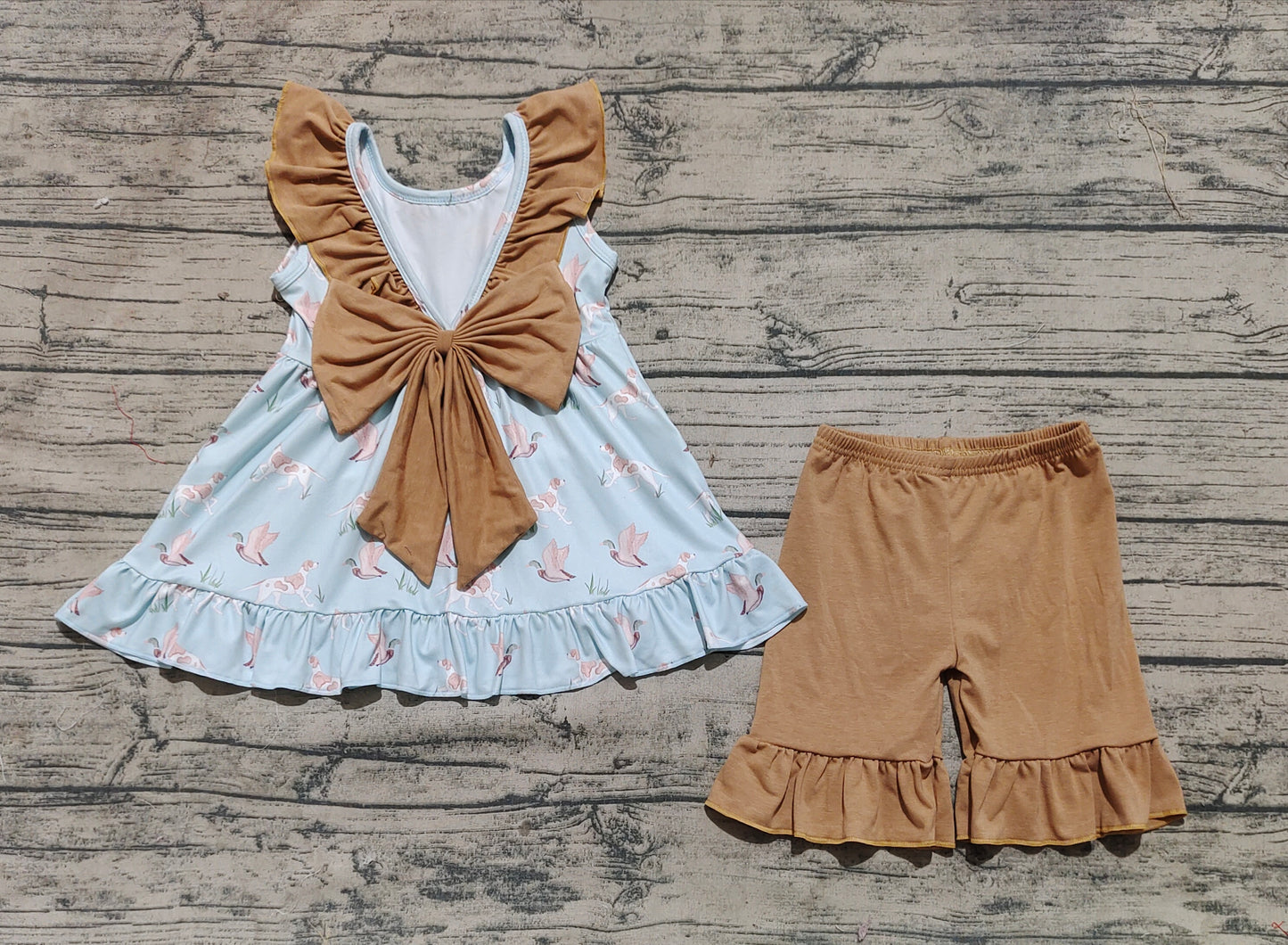 Baby Girls Sleeveless Dogs Ducks Tunic Khaki Ruffle Shorts Set
