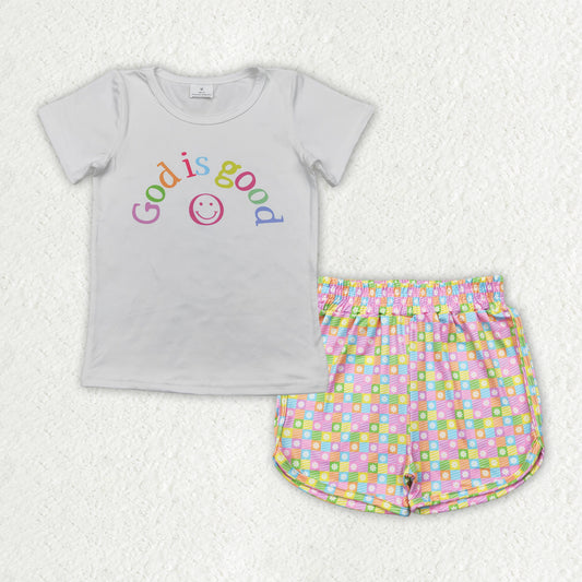 Baby Girls GOD IS GOOD Top Plaid Flowers Shorts Sets