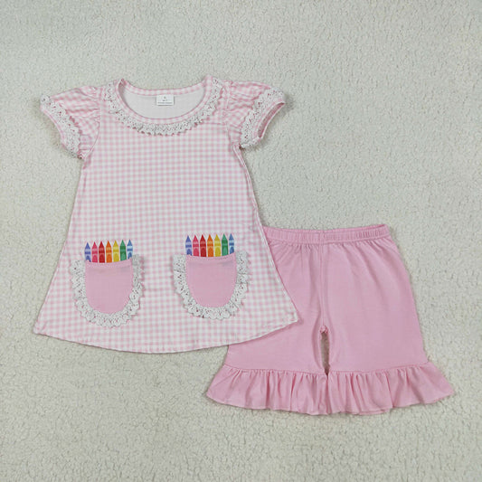 Baby Girls Pink Plaid Pencils Pockets Tunic Ruffle Shorts Sets
