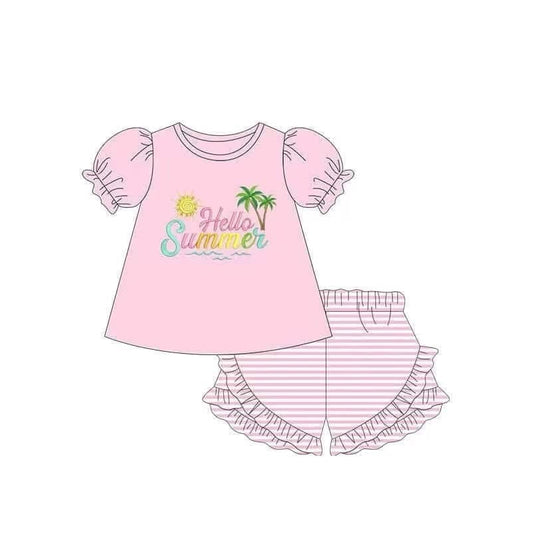 Baby Girls Pink Short Ruffle Sleeves Beach Tunic Stripe Ruffle Shorts Set Preorder