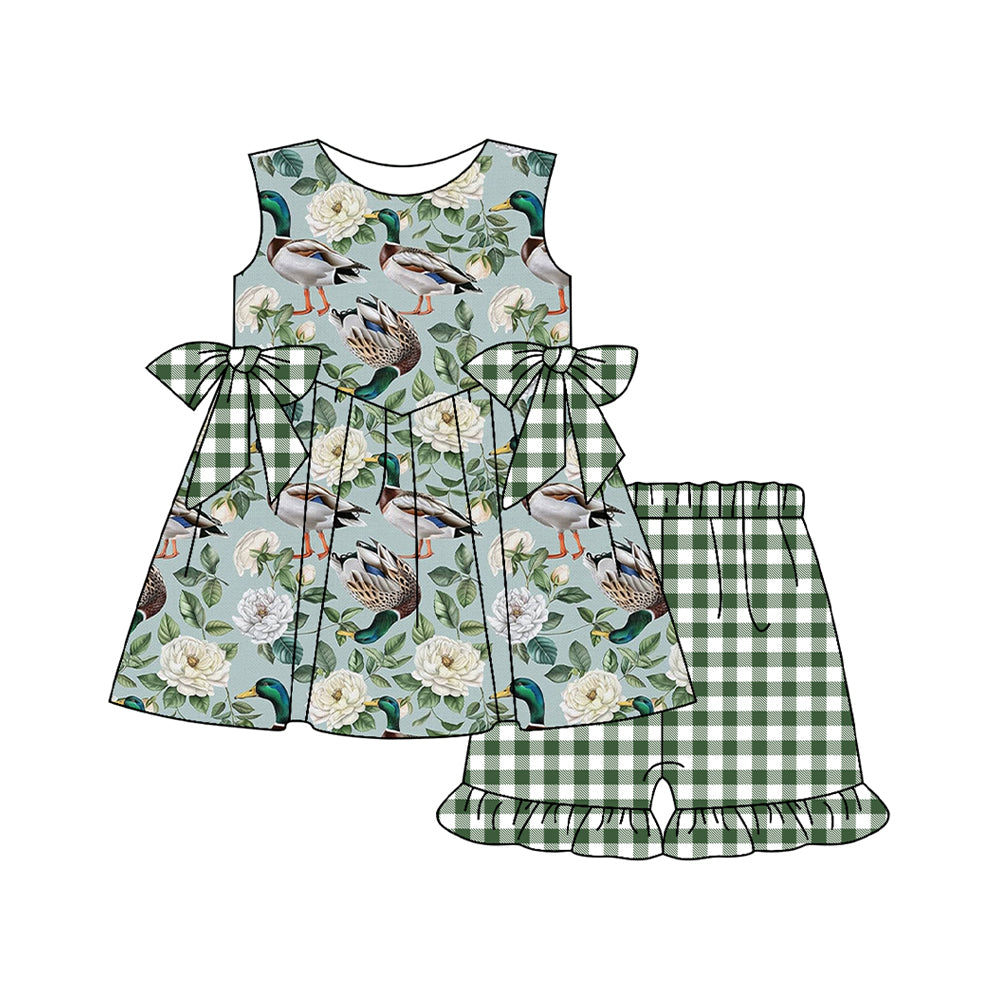 Baby Girls Green Sleeveless Floral Ducks Bows Tunic Plaid Ruffle Shorts Set Preorder