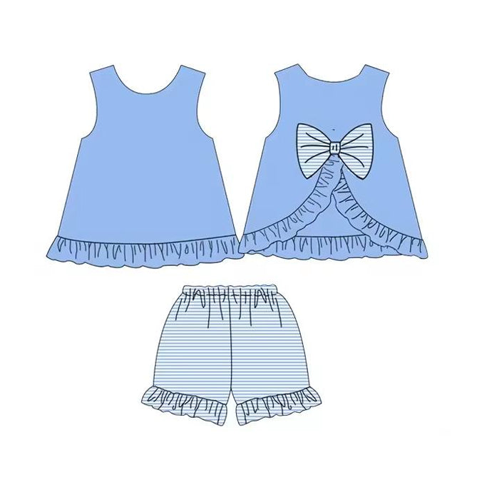 Baby Girls Blue Sleeveless Bows Tunic Stripe Ruffle Short Set Preorder