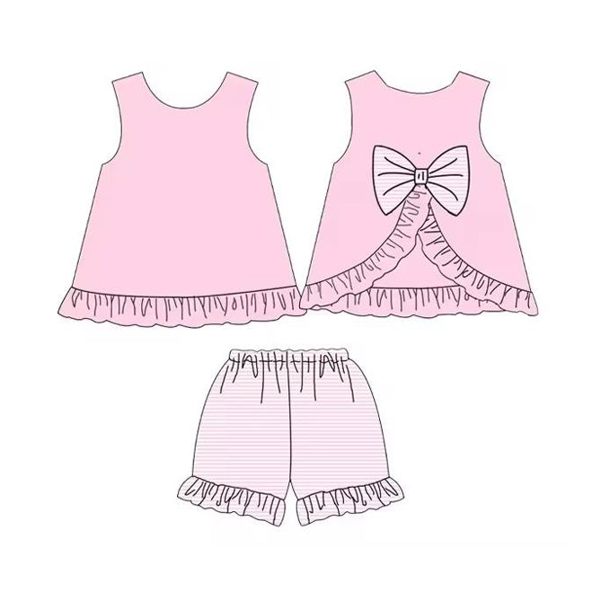 Baby Girls Pink Sleeveless Bows Tunic Stripe Ruffle Short Set Preorder