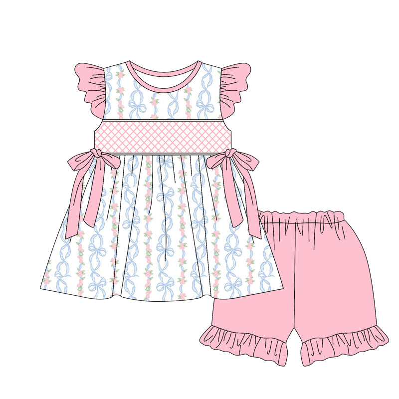 Baby Girls Pink Flutter Sleeves Floral Stripe Bows Tunic Ruffle Short Set Preorder