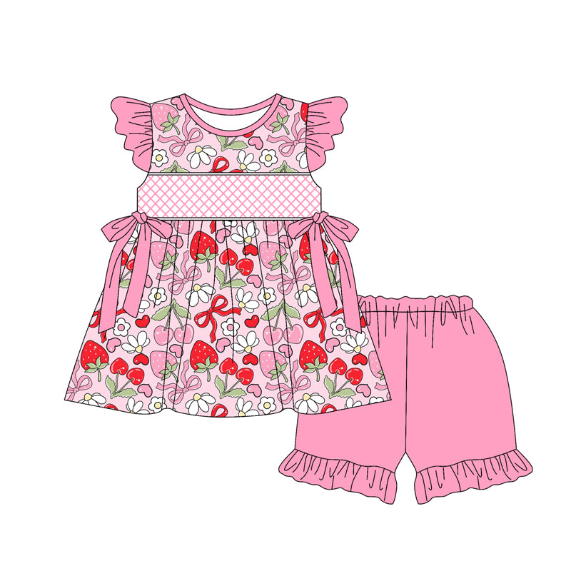 Baby Girls Pink Flutter Sleeves Bows Floral Strawberry Tunic Ruffle Short Set Preorder