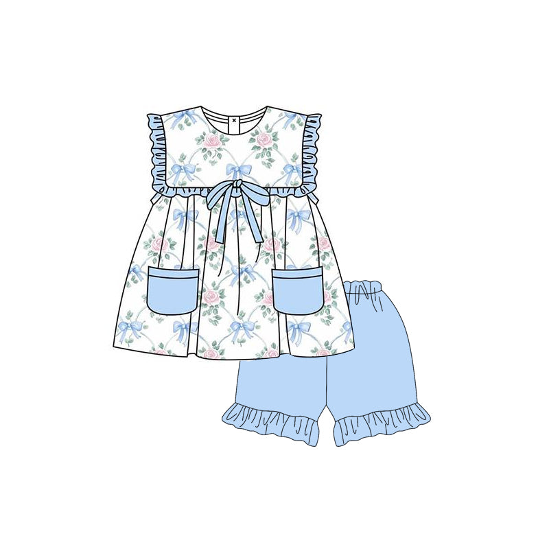 Baby Girls Blue Sleeveless Bows Floral Pockets Tunic Ruffle Short Set Preorder