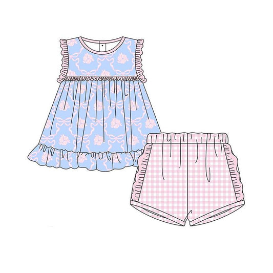 Baby Girls Lavender Sleeveless Bows Floral Tunic Plaid Ruffle Short Set Preorder