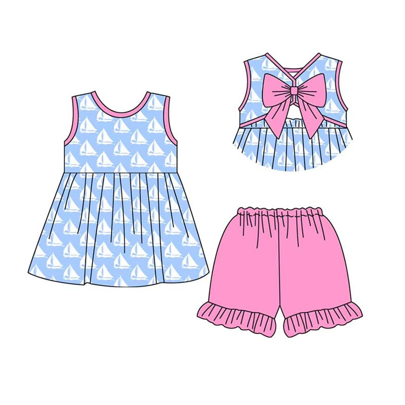 Baby Girls Blue Sleeveless Boats Backless Bow Tunic Pink Ruffle Short Set Preorder