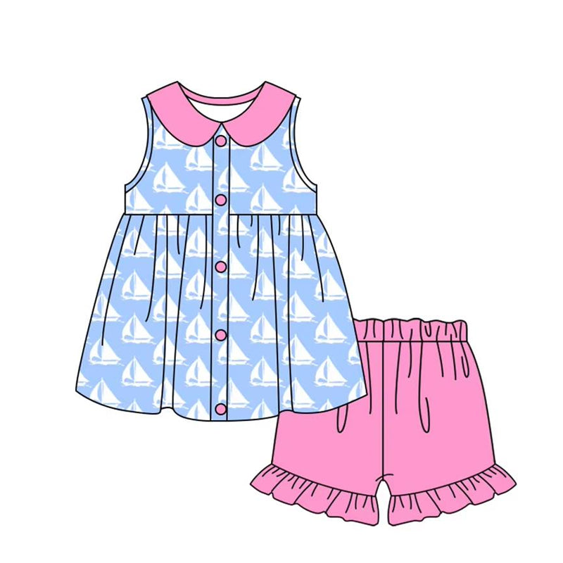 Baby Girls Blue Sleeveless Boats Button Tunic Pink Ruffle Short Set Preorder