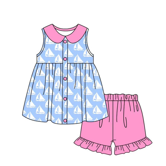 Baby Girls Blue Sleeveless Boats Button Tunic Pink Ruffle Short Set Preorder