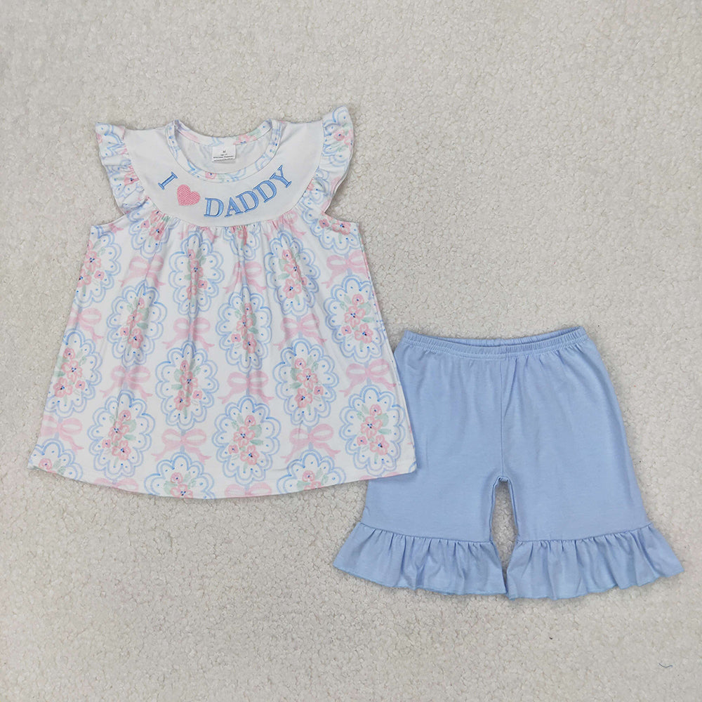 Embroidery Baby Girls I LOVE DADDY Floral Bows Tunic Ruffle Shorts Sets
