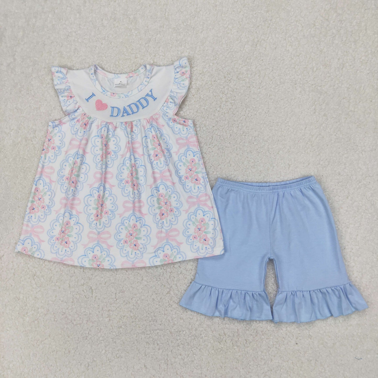 Sibling Embroidery Baby Kids I LOVE DADDY Top Shorts Clothes Sets