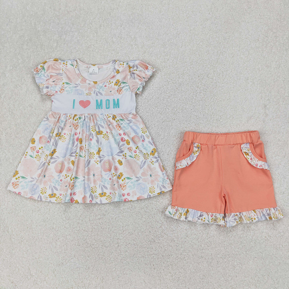 Embroidery Baby Girls I LOVE MOM Floral Tunic Ruffle Shorts Set