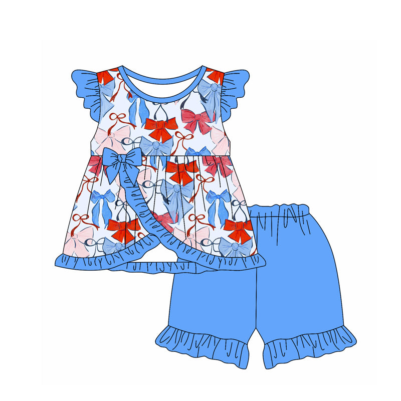 Baby Girls Flutter  Sleeves Blue Red Bows Tunic Ruffle Short 4th Of July Set Preorder