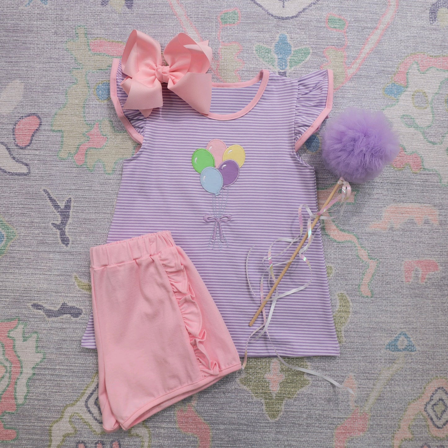 Baby Girls Lavender Flutter Sleeves Balloons Top Pink Ruffle Short Set Preorder