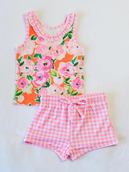 Baby Girls Pink Plaid Sleeveless Floral Top Short Set Preorder