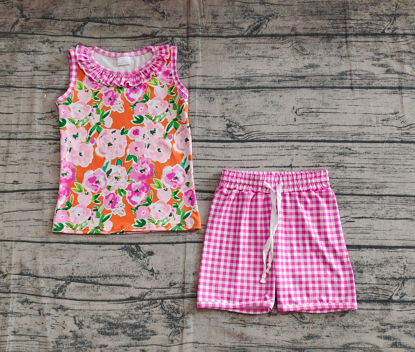 Baby Girls Pink Plaid Sleeveless Floral Top Short Set Preorder