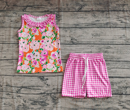Baby Girls Pink Plaid Sleeveless Floral Top Short Set Preorder