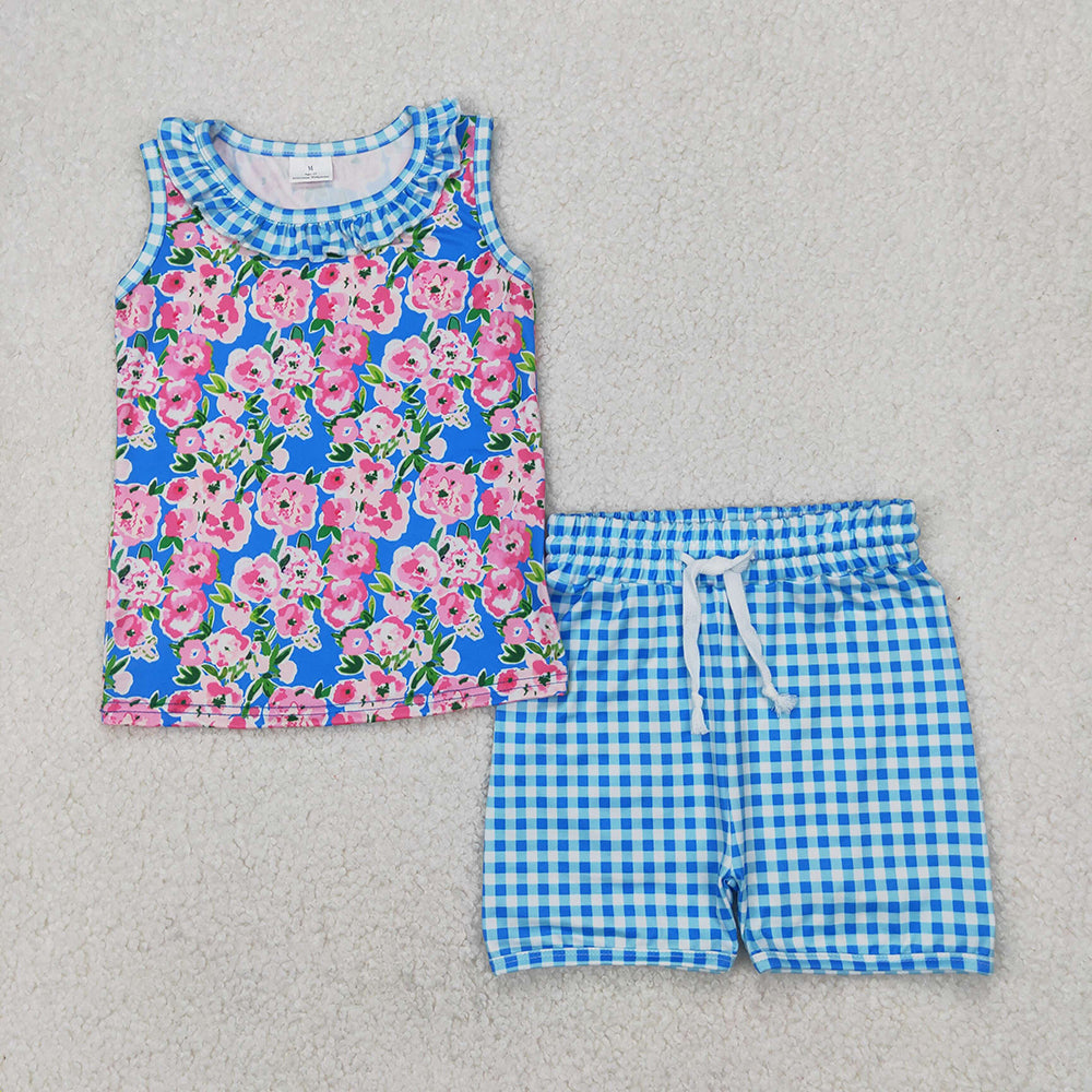 Baby Girls Blue Plaid Sleeveless Floral Top Shorts Set