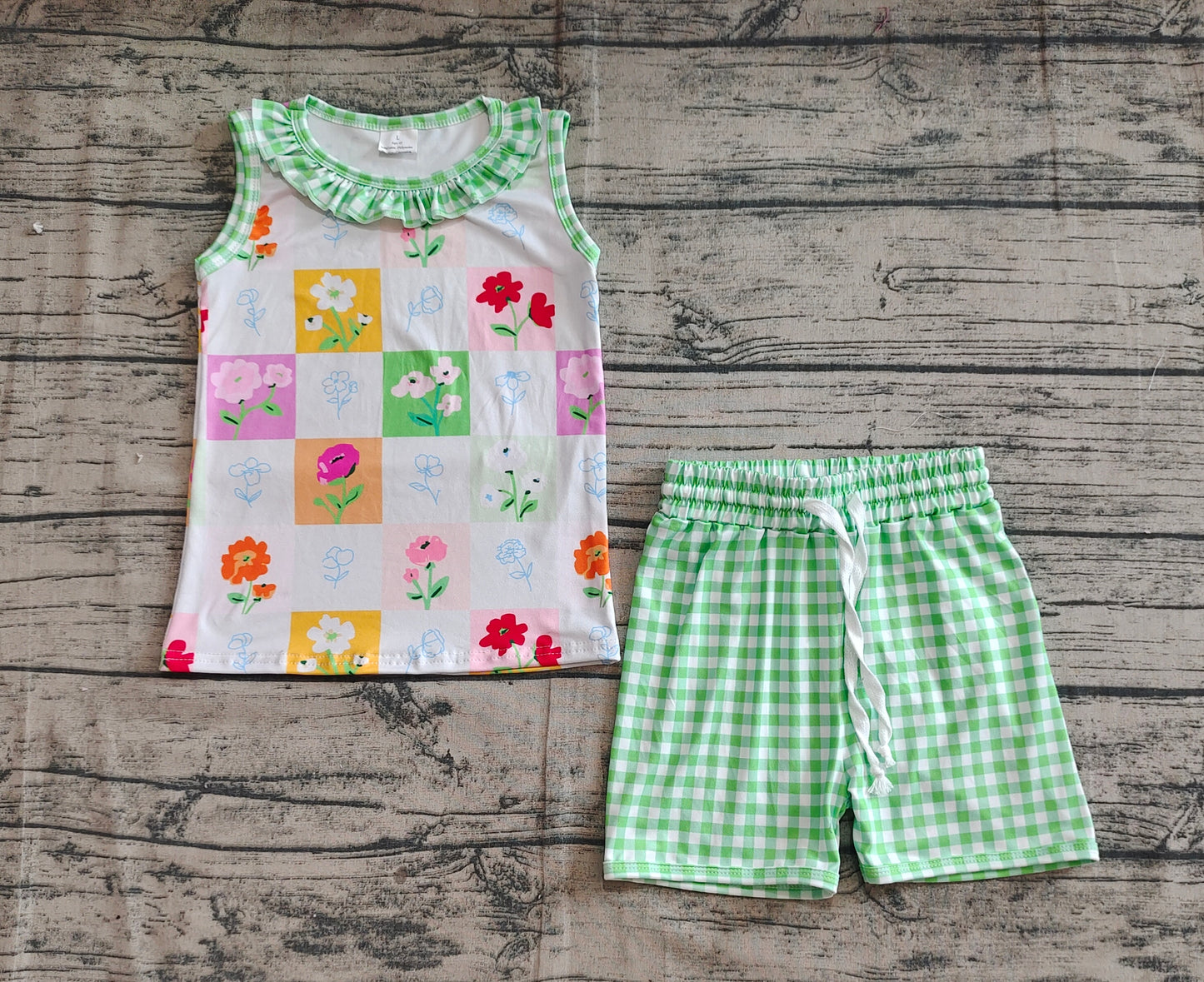 Baby Girls Green Plaid Sleeveless Floral Top Short Set