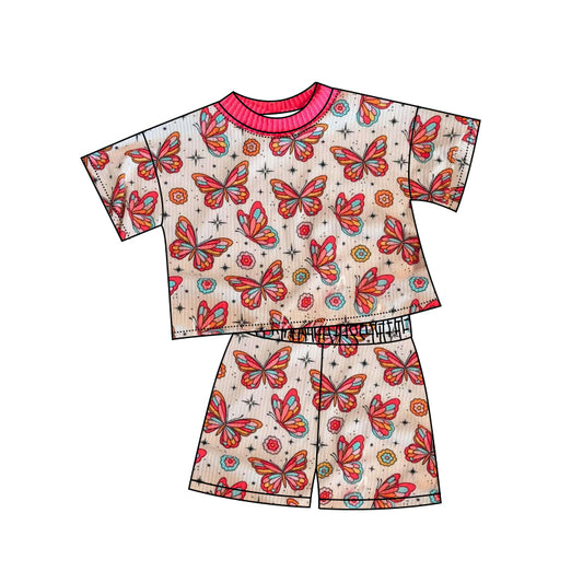 Baby Girls Red Short Sleeves Butterfly Flowers Top Short Pajamas Set Preorder