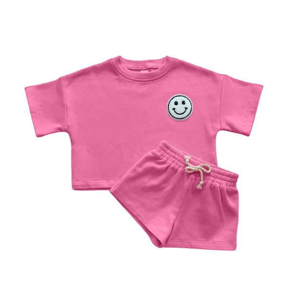 Preorder moq 5 Baby Girls Hot Pink Short Sleeves Smile Top Short Pajamas Set
