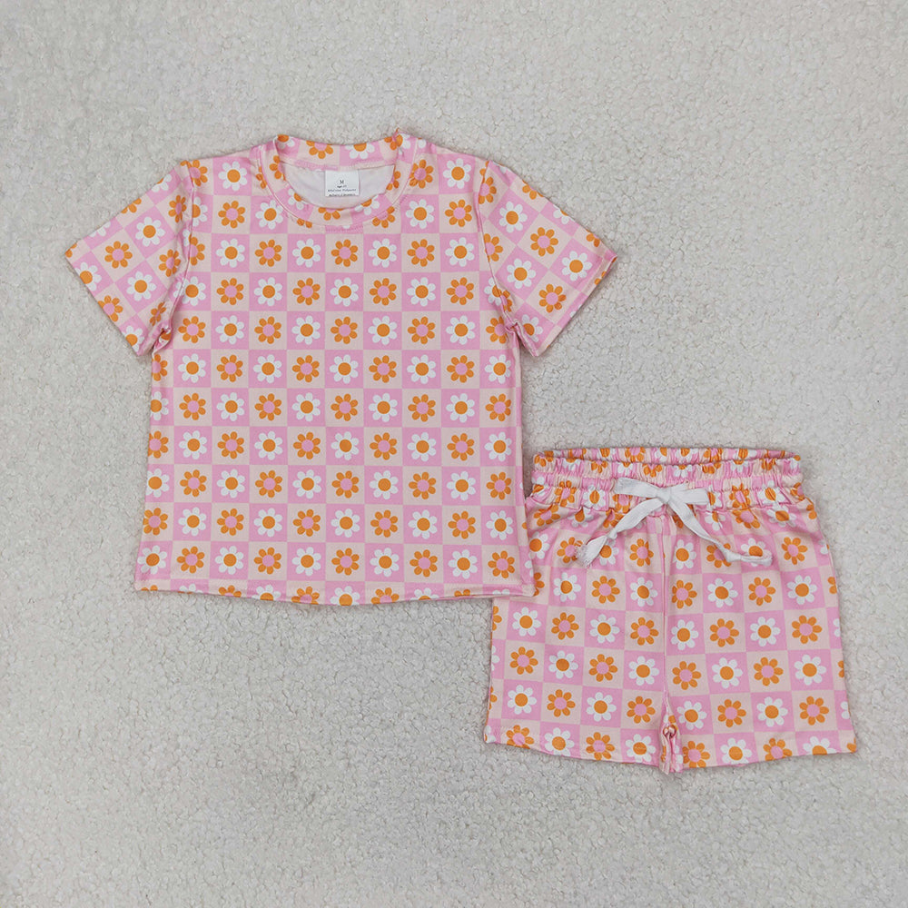 Baby Girls Pink Plaid Short Sleeves Daisy Flowers Top Short Pajamas Sets