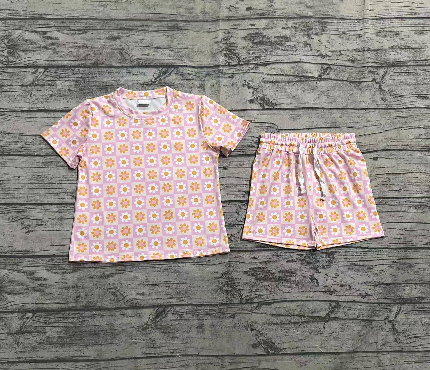 Baby Girls Pink Plaid Short Sleeves Daisy Flowers Top Short Pajamas Sets