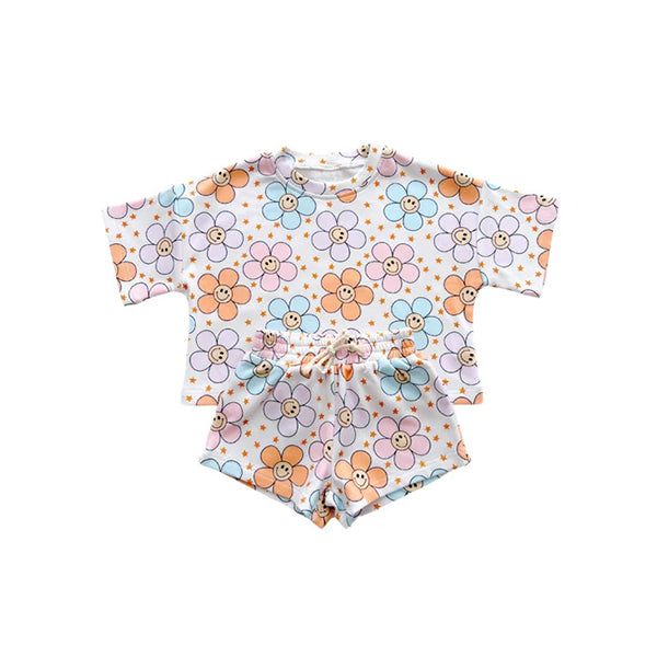 Preorder moq 5 Baby Girls Lavender Short Sleeves Smile Flowers Stars Top Short Pajamas Set