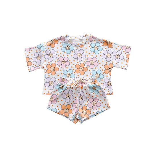 Preorder moq 5 Baby Girls Lavender Short Sleeves Smile Flowers Stars Top Short Pajamas Set