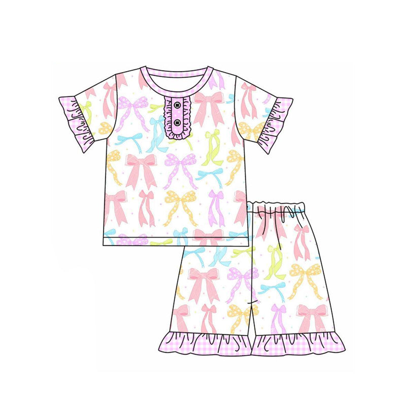 Baby Girls Pink Plaid Short Sleeves Button Colorful Bows Top Short Pajamas Set Preorder