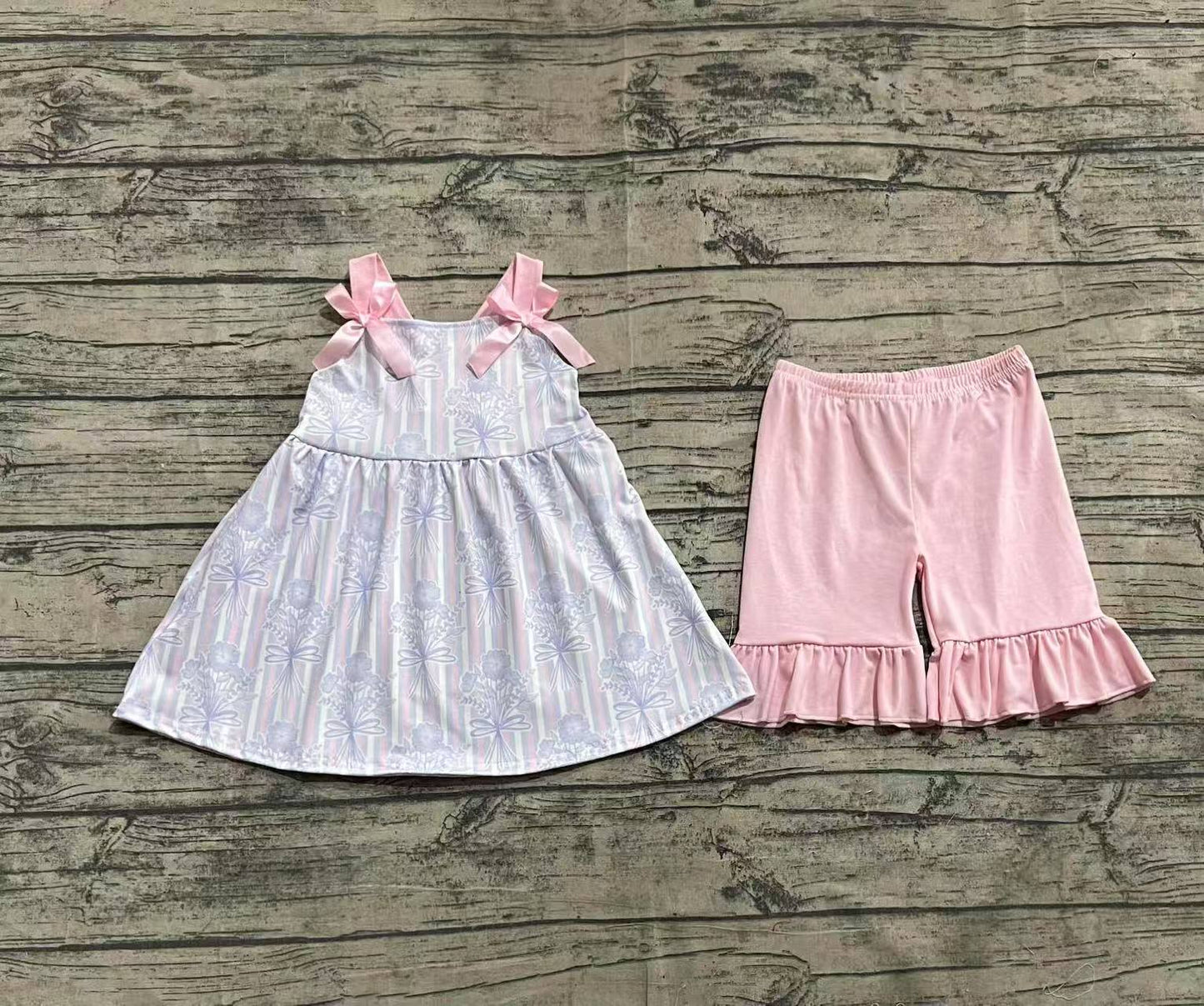 Baby Girls Pink Strap Floral Stripe Tunic Ruffle Shorts Sets