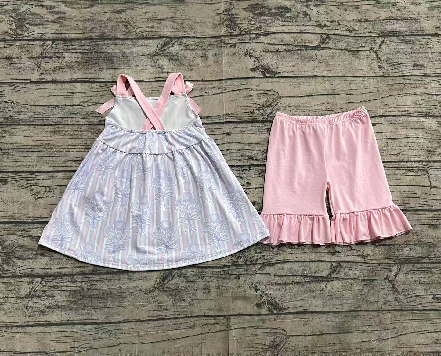 Baby Girls Pink Strap Floral Stripe Tunic Ruffle Shorts Sets