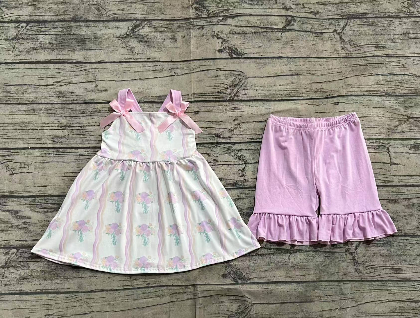 Baby Girls Lavender Strap Floral Stripe Tunic Ruffle Shorts Sets