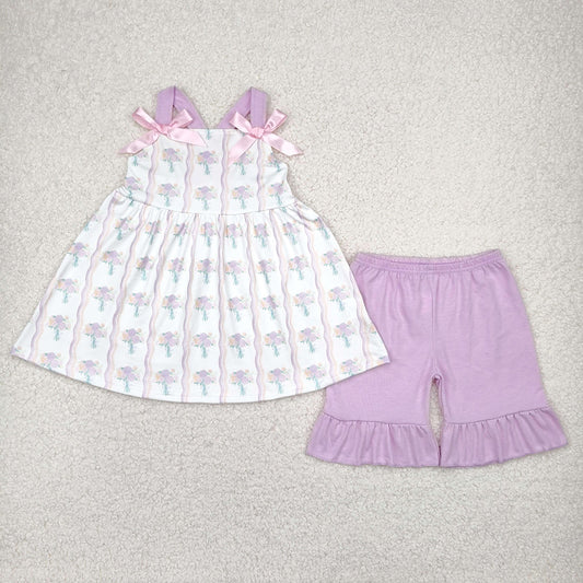 Baby Girls Lavender Strap Floral Stripe Tunic Ruffle Shorts Sets