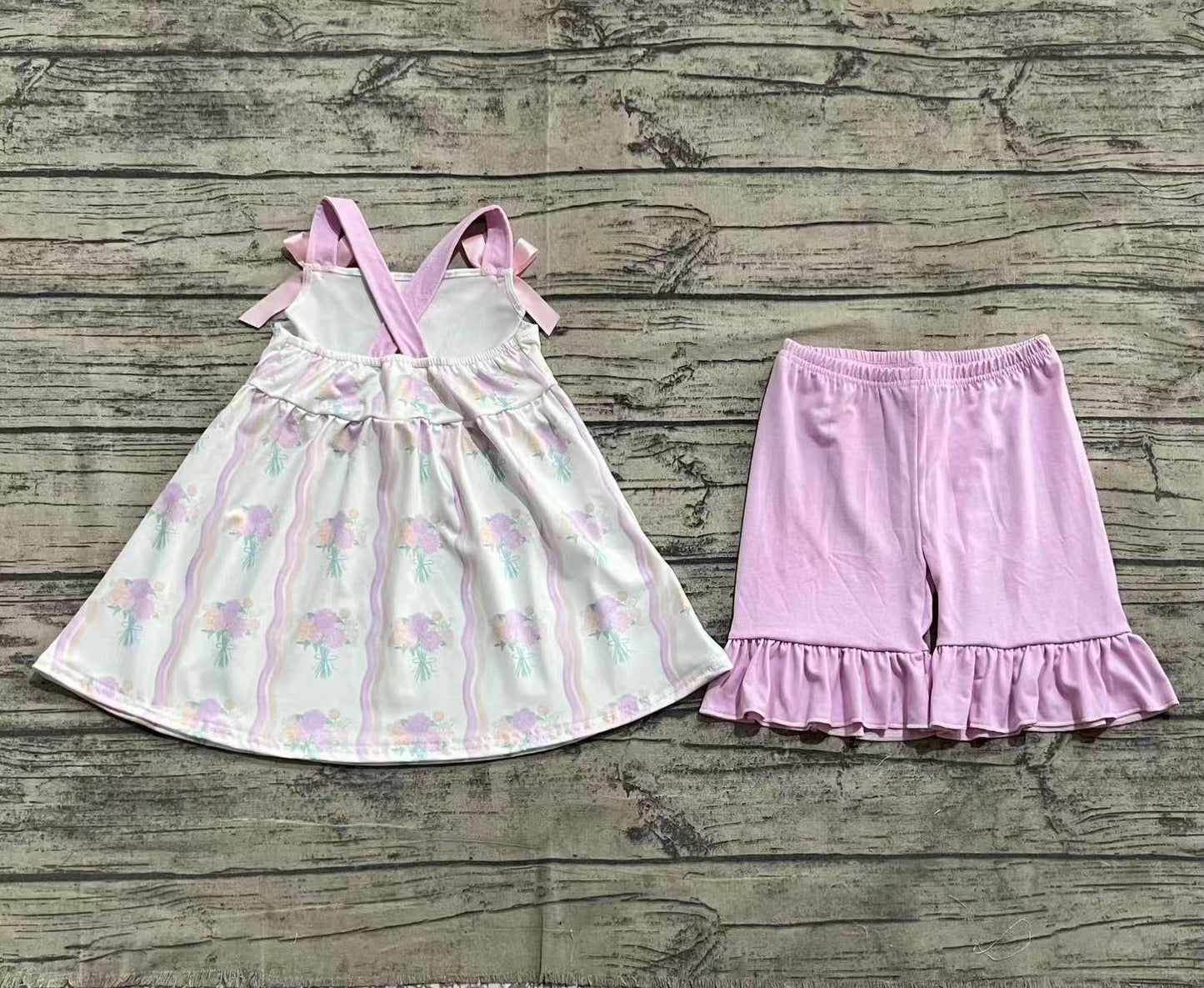 Baby Girls Lavender Strap Floral Stripe Tunic Ruffle Shorts Sets