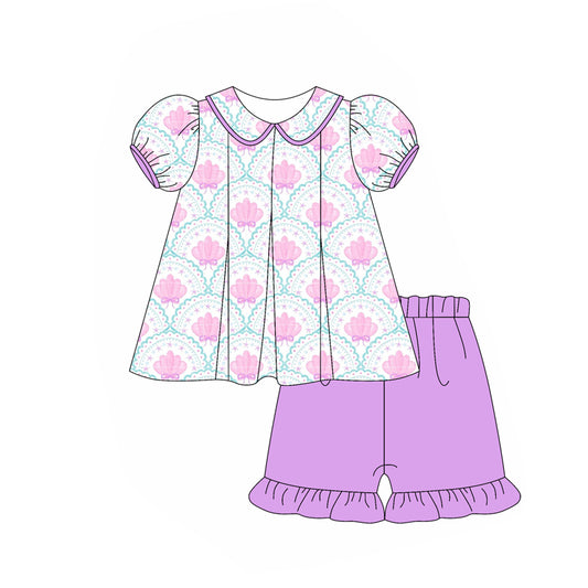 Baby Girls Purple Short Ruffle Sleeves Bows Shell Tunic Ruffle Short Set Preorder