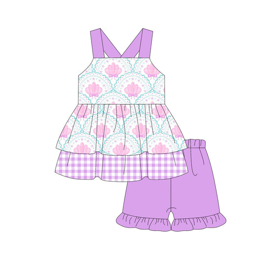 Preorder moq 5 Baby Girls Purple Strap Bows Shell Tunic Ruffle Short Set