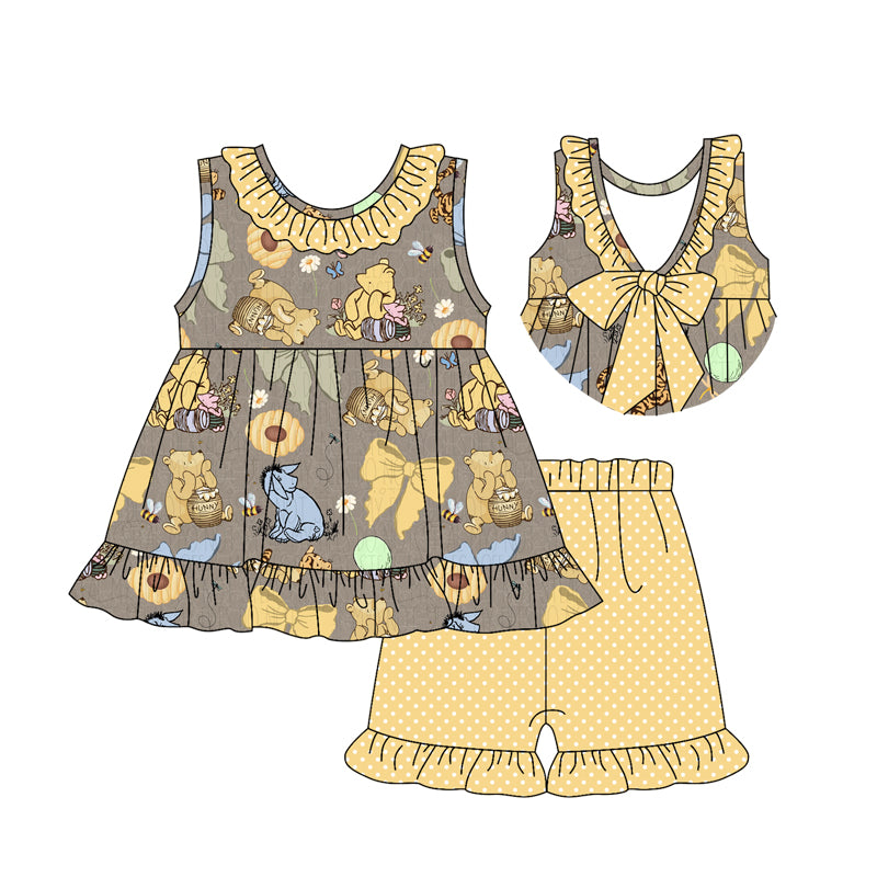 Preorder moq 5 Baby Girls Sleeveless Cartoon Pigs Tigers Tunic Polka Dots Ruffle Short Set