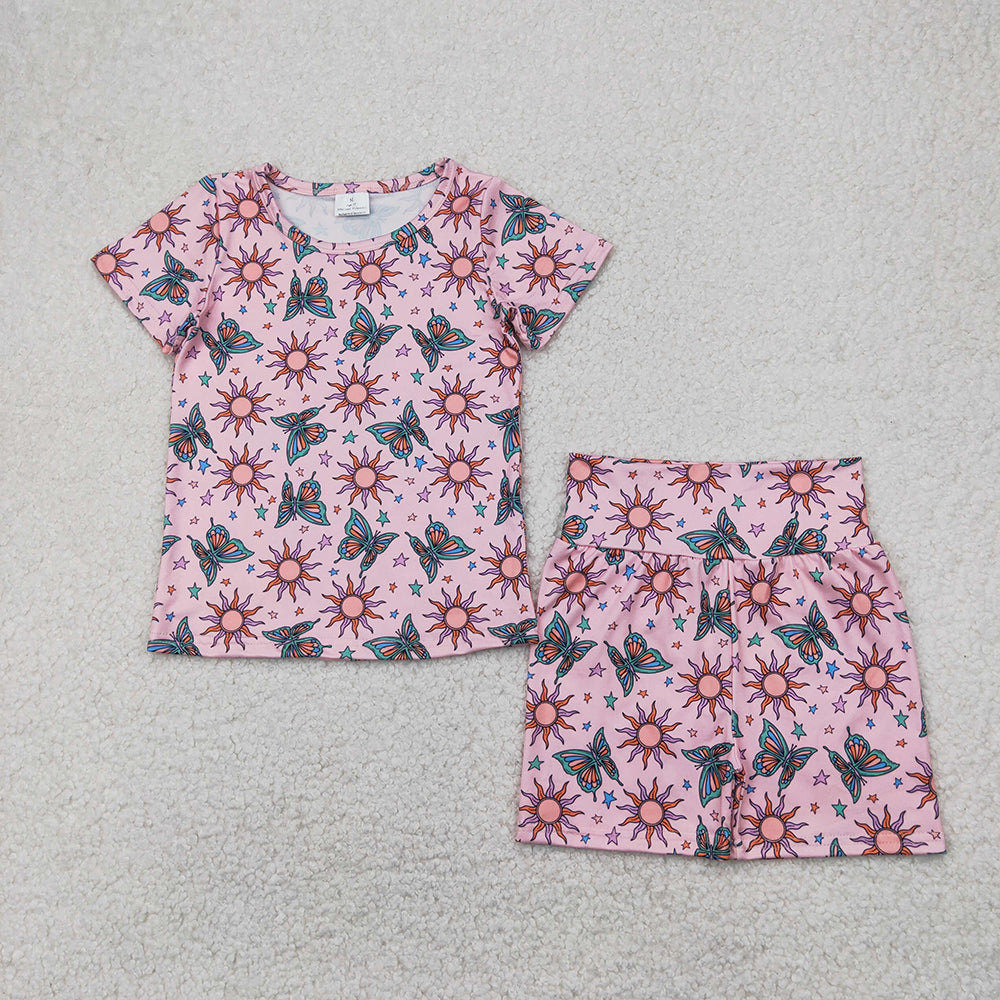 Baby Girls Pink Short Sleeves Butterfly Suns Stars Top Shorts Pajamas Sets