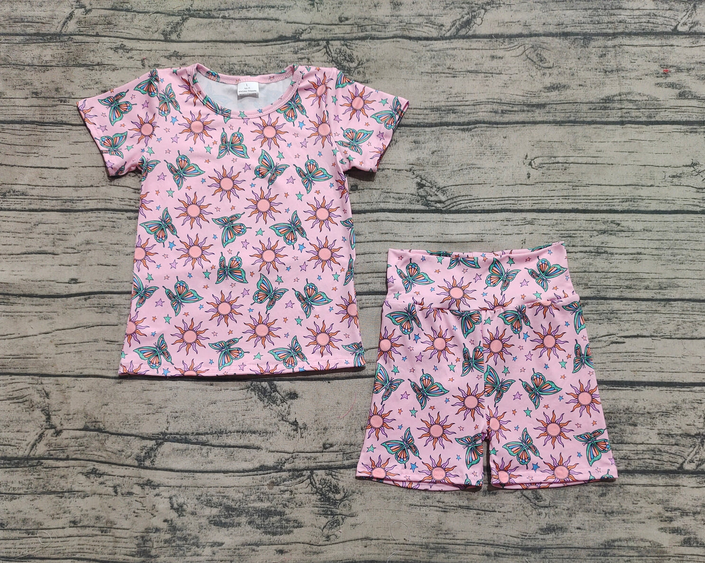 Baby Girls Pink Short Sleeves Butterfly Suns Stars Top Shorts Pajamas Sets