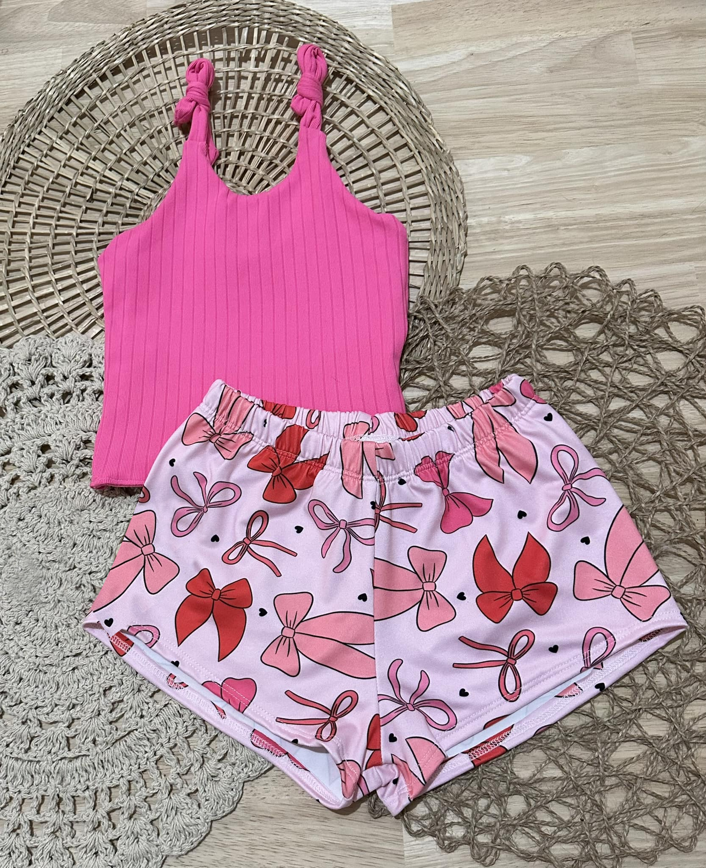 Baby Girls Pink Strap Stripe Top Colorful Bows Hearts Short Set Preorder