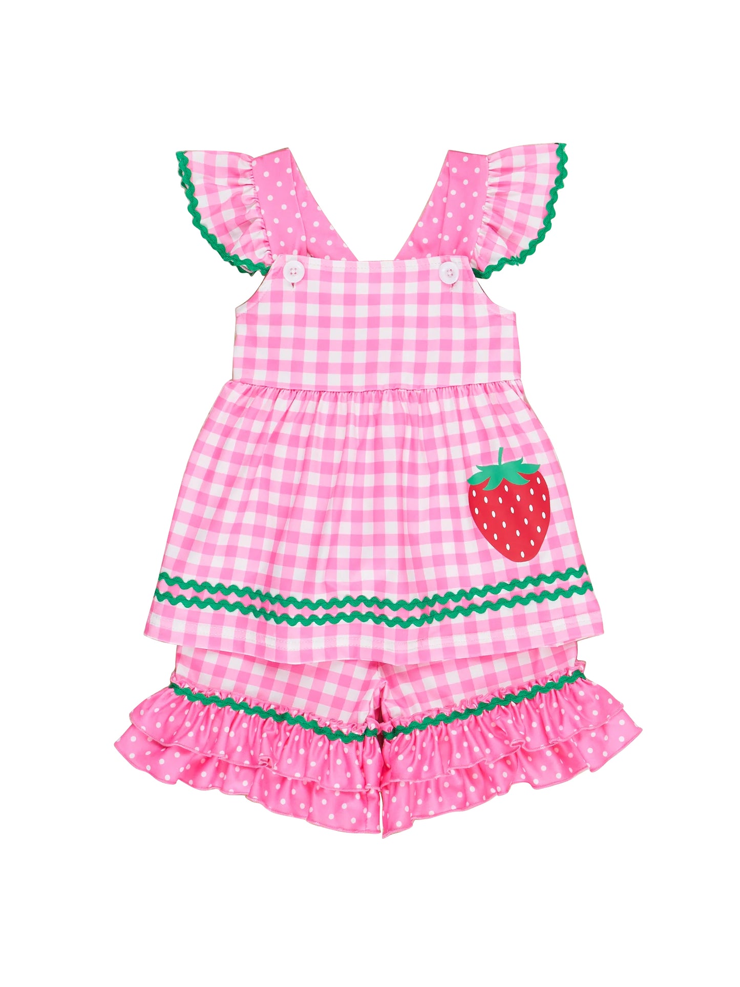 Preorder moq 5 Baby Girls Pink Plaid Flutter Sleeves Strawberry Tunic Ruffle Short Set